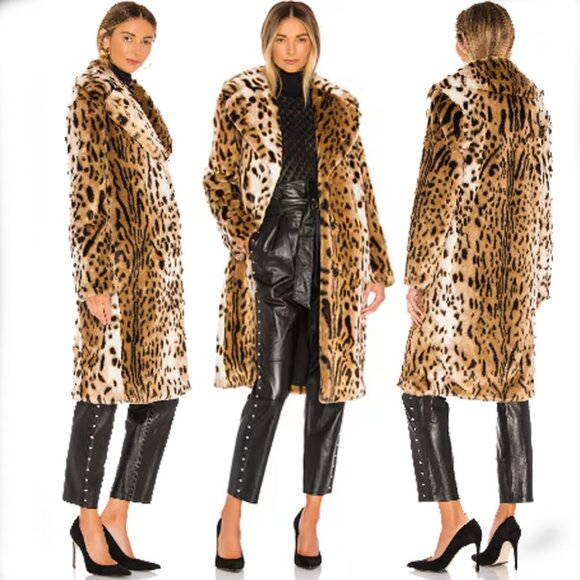 💥CHIC & SEXY💥Metrostyle Leopard Print Side Slit Fur Coat in Brown & Ivory